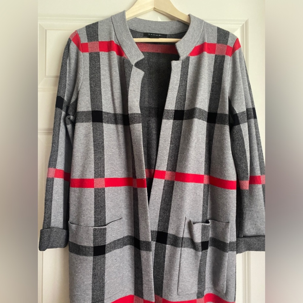 TAHARI Open Front Long Cardigan Size M Grey Black Red